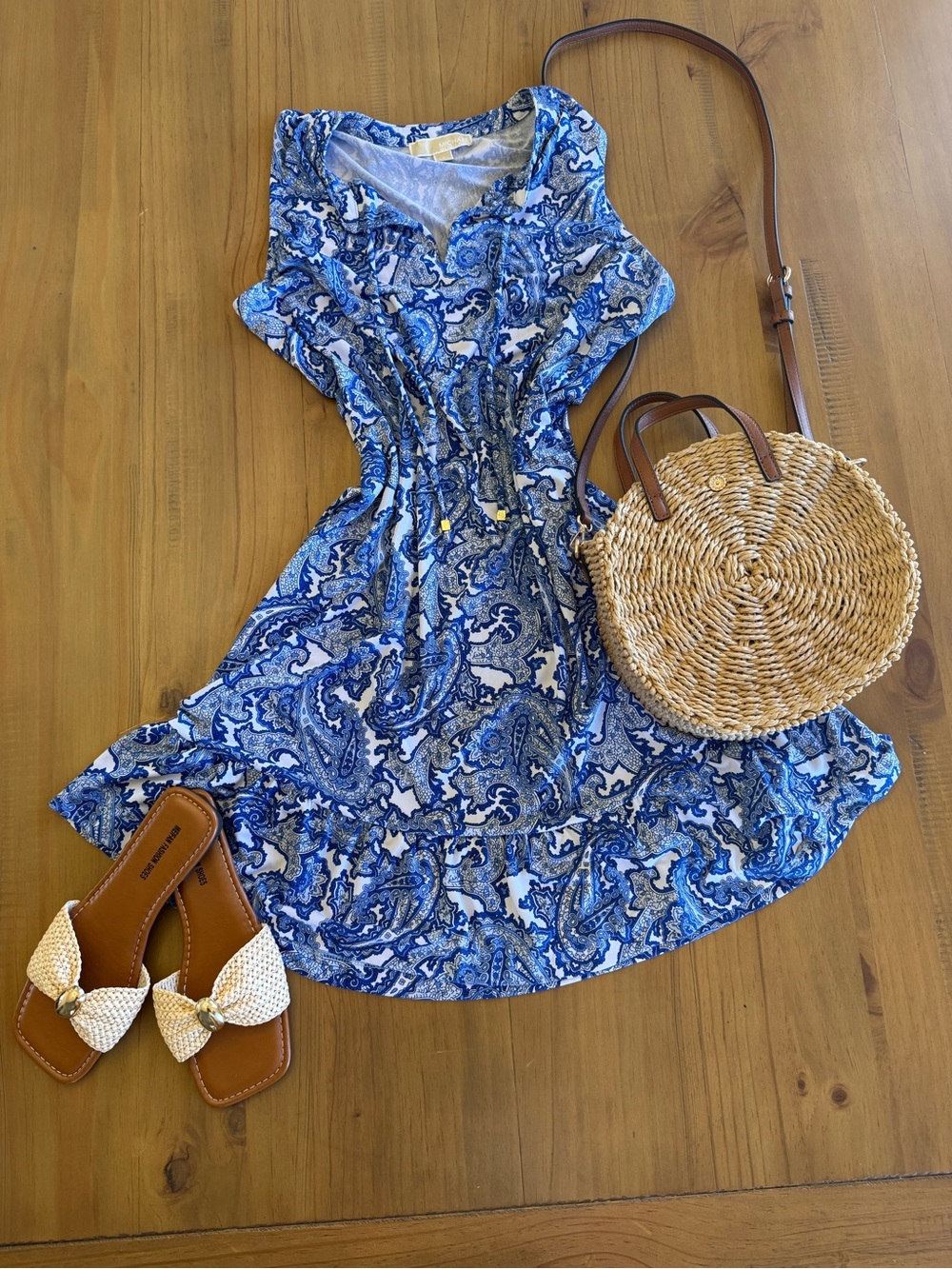 Michael Kors Paisley Print sleeveless Dress Size L Blue White Ruffle Boho Summer
